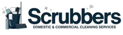 Scrubbers Domestic & Commercial Cleaning Services logo; blue in colour the image is of a bucket containing items for professional cleaning featured beside the business name.